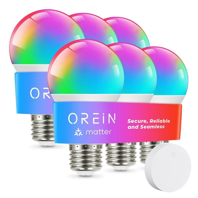OREiN Matter Smart Light Bulb, Smart Light Bulbs with Remote Control Work with Apple Home, Alexa, Google Home, SmartThings, Color Changing Light Bulbs 2.4Ghz WiFi, 800 Lumens Equivalent 60W 6Pack