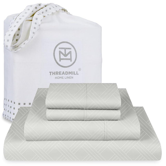 Celine 800 Thread Count Luxury Damask Sheets | California King Size | Light Grey | 4 Piece Striped Bed Sheets | Elasticized Deep Pocket
