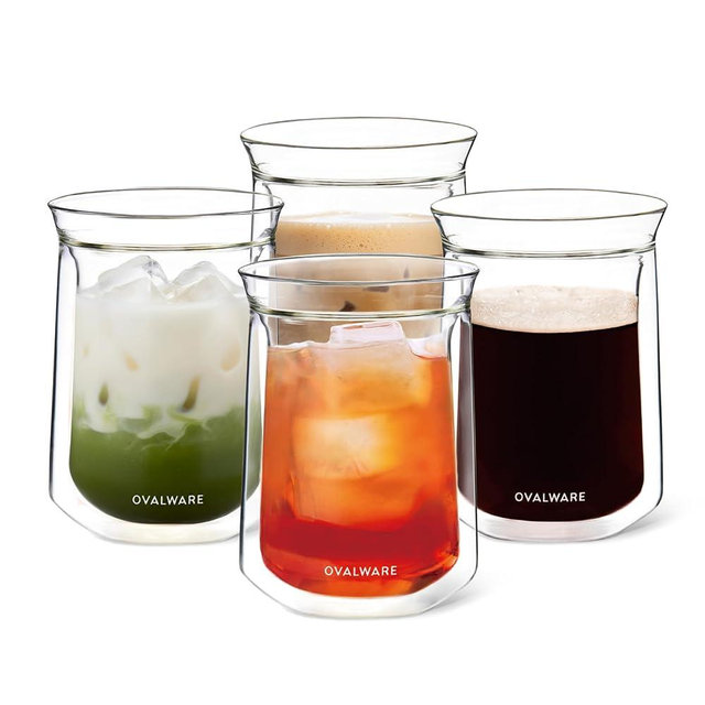 ovalware Double Wall Single Lip Insulated Glass Cup, Set of 4 (12oz / 350ml) - Borosilicate Glass For Coffee, Tea, Whiskey, Cocktails & All Beverages - Minimalistic & Durable Double-Wall Drinking Mug