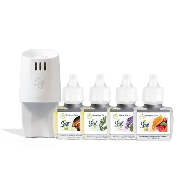 Scent Fill Holiday Kit (Cinnamon Apple, Sycamore Fir, Warm Spice, and Cranberry Plum), 4 Refills + Diffuser
