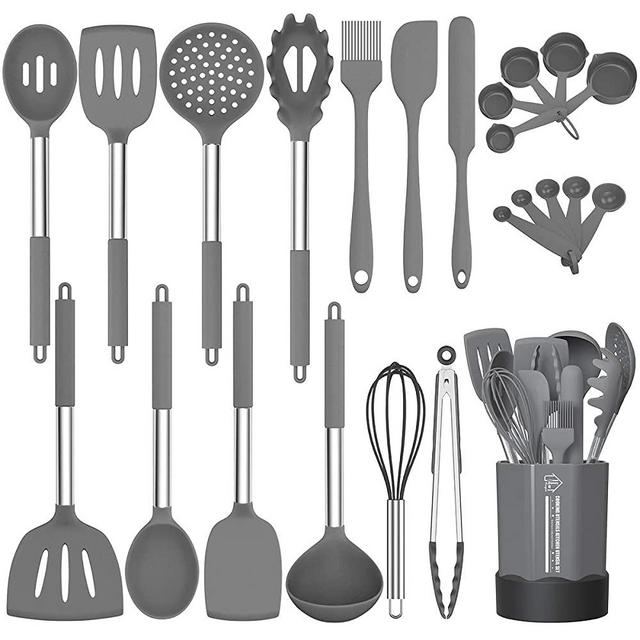Silicone Cooking Utensil Set, Fungun Non-stick Kitchen Utensil 24 Pcs Cooking Utensils Set, Heat Resistant Cookware, Silicone Kitchen Tools Gift with Stainless Steel Handle (Gray-24pcs)
