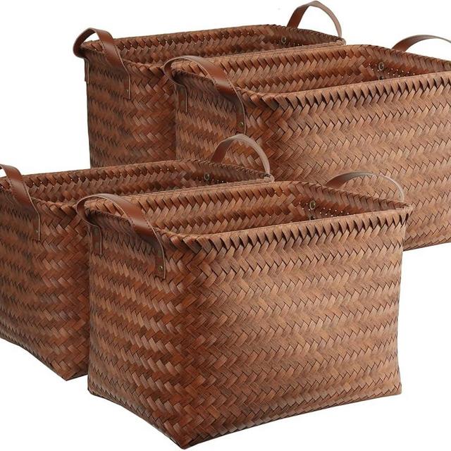 BROWNLILY Handwoven Clothes Basket Laundry Hampers Large Wicker Storage Baskets for Shelves Blankets Closet Storage Bins Car Bedroom Bathroom Organizers and Storage Bath (Pack of 4) (Brown)