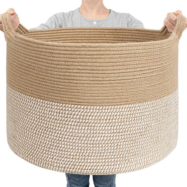 Goodpick Large Storage Basket 21.7'' x 13.8'', Wicker Laundry Basket with Handles for Clothes, Pillows, Blanket Basket Living Room, White & Jute