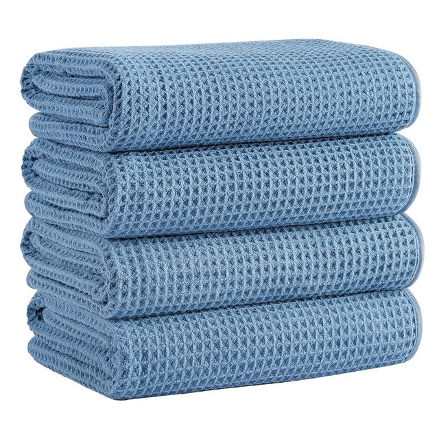 MICROFI Microfiber Waffle Bath Towels, 4 Pieces, Soft, Absorbent, Fast Drying, Lint Free (Blue)