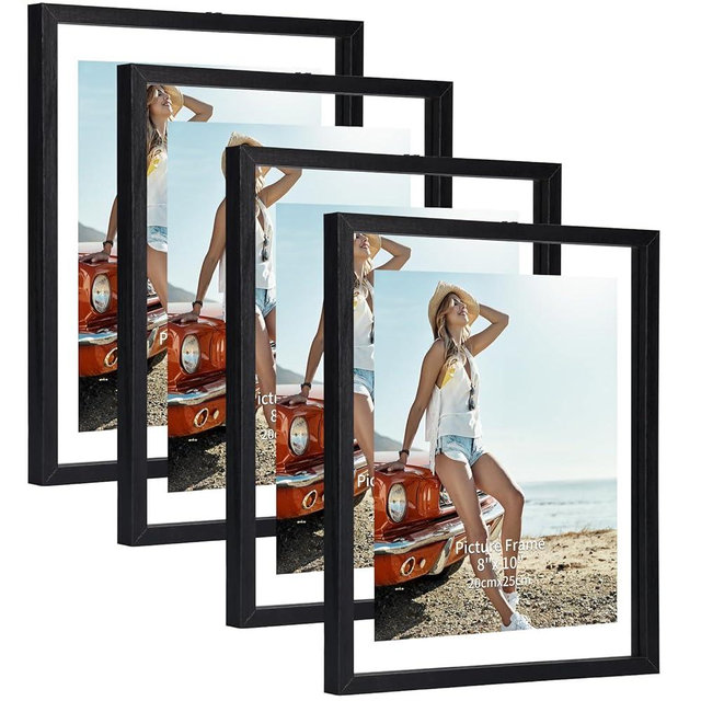 Trwcrt 4 Pack 8x10 Floating Picture Frame, Double Glass Picture Frames Display up to 10 x 12 photos for Desktop or Wall Hanging, Black