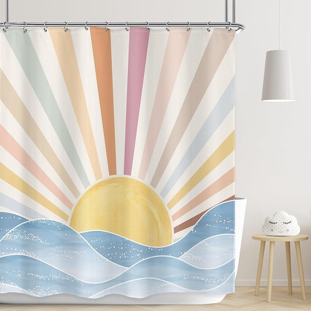 LGhtyro Boho Rainbow Sun Shower Curtain Bathroom Set 71Wx71H Inches Retro 70s Abstract Colorful Sunshine Sunrise Sunset Ocean Sea Waves Bath Accessories Aesthetic Art Home Decor Fabric 12 Pack Hooks