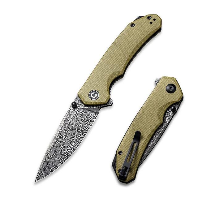 CIVIVI Brazen Folding Pocket Knife,3.5-Inch Damascus Drop Point Blade,Outdoor Camping Hiking Knife with Thumb Stud and Flipper opener,Micarta Handle Tool for EDC C2102DS-2 (Olive)