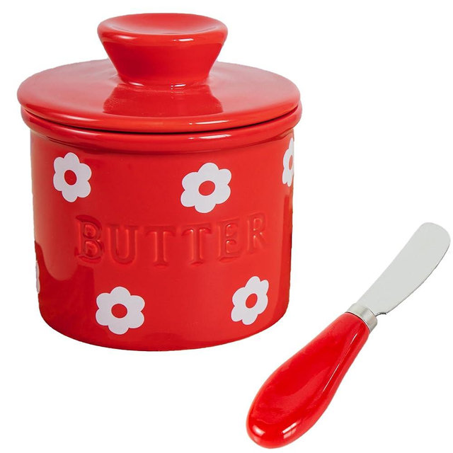 YumiPLUS Ceramic Butter Crock with Spreader Knife, Cute French Butter Dish with Lid, Porcelain Butter Keeper for countertop, Round Butter Container, Butter Jar for Kitchen (Red, Standard)