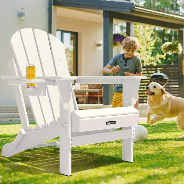 MUCHENGHY Folding Adirondack Chairs, Patio Chairs, Lawn Chairs, Outdoor Chairs, Adirondack Chair Plastic, Fire Pit Chairs, Weather Resistant with Cup Holder for Deck, Backyard, Garden(White)