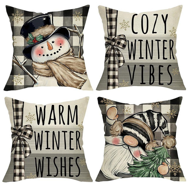 Fjfz Warm Winter Wishes Decorative Throw Pillow Covers 18 x 18 Set of 4, Snowman Gnome Cozy Vibes Porch Outdoor Home Decor, Black White Buffalo Plaid Check Christmas Holiday Farmhouse Cushion Case