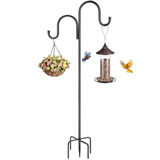 79 Inch Double Shepherds Hooks for Outdoor, Heavy Duty Bird Feeder Pole with 5 Prongs Base for Hanging Lantern, Hummingbird Feeder, Lightweight Plant, Shepherds Hook for Bird Feeders for Outside