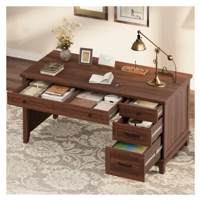 Garvee Executive Desk with Drawers, Farmhouse Home Office Desk with Charging Station, 53.54" Wooden Computer Writing Desk with File Cabinet Storage