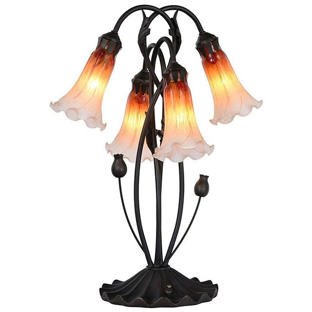 Bieye L10699 Lily Flowers Tiffany Style Blown Glass Accent Table Lamp Night Light with Blown Glass Shade for Bedside Living Room Bedroom Home Decoration, 4 Lights, Orange