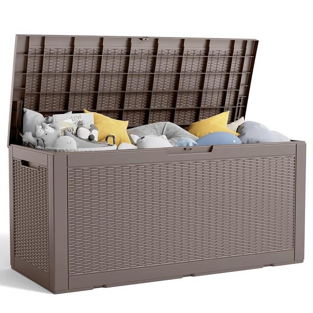 100 Gallon Deck Box, Large Resin Outdoor Storage Box Waterproof, Outside Deck Box with Lockable Lid for Patio Furniture, Pool Tools, Outdoor Tools and Garden Tools - Light Brown
