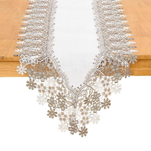 Winotic White Beige Floral Lace Table Runner Dresser Scarf 108 inches Long for Kitchen Dining Coffee Table Parties Wedding Home Decor (White, 16” x 108”)