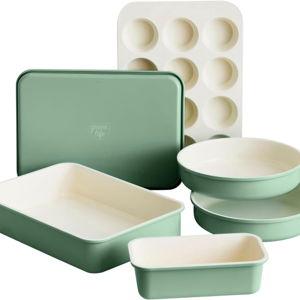 GreenLife 6 Piece Nonstick Bakeware Set, Non-Toxic PFAS-Free Ceramic Oven Pans, Dishwasher & Oven Safe to 450°F, Easy Release Baking Sheet, Loaf Pan, Rectangle & Round Cake, Muffin Pan, Sage