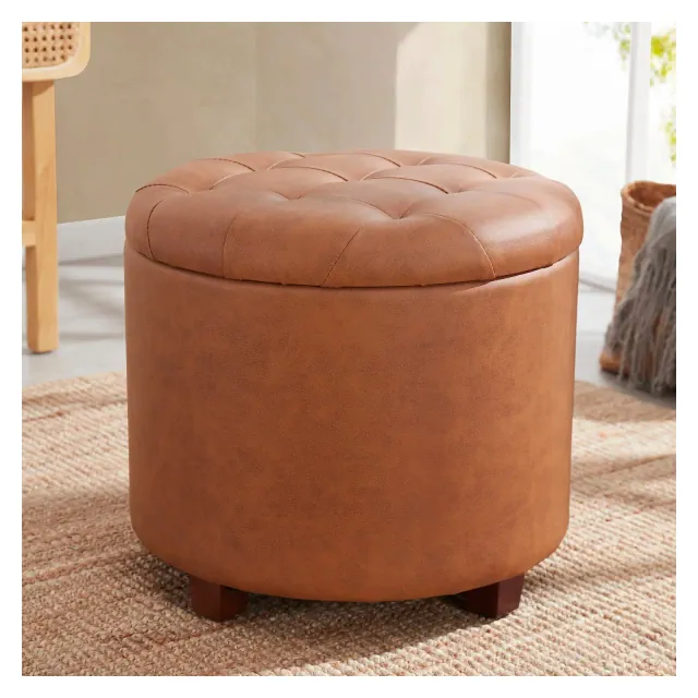 Ornavo Home Faux Leather Upholstered Round Tufted Storage Ottoman with Wooden Legs - Cognac