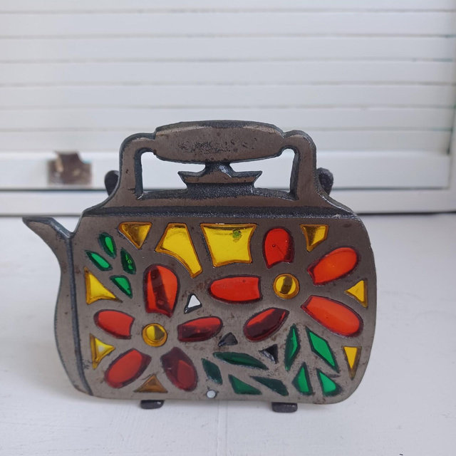 Vintage MCM Cast Iron Metal and Stained Glass Teapot Napkin Holder