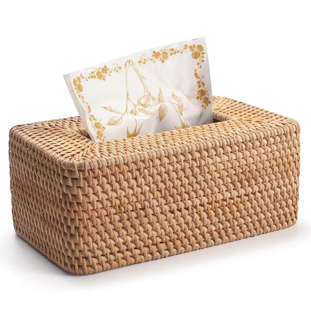 Rattan Tissue Box Cover, Rectangular Wicker Tissue Box Holder, Decorative Woven Facial Tissue Holder for Bathroom, Kitchen, Living Room, Bedroom (Natural)