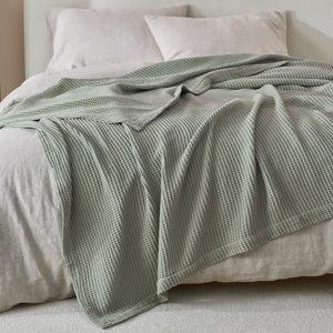 100% Cotton Blanket for Full Queen Size Bed - Green Waffle Weave Lightweight Summer Bed Blanket - 90x90in Prewashed Breathable, Woven, Layering Blanket (Full/Queen, Eucalyptus)