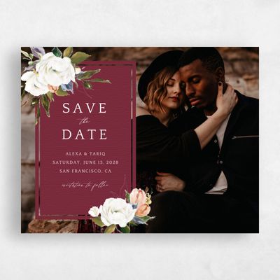 Burgundy, Red Wedding Save the Date - Octavia Landscape