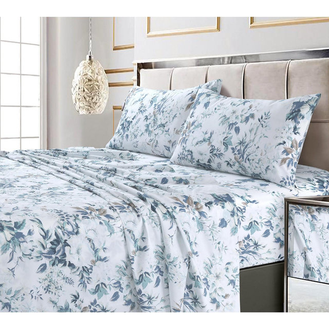 Tribeca Living Vernazza Printed 300 Thread Count Cotton Sateen Extra Deep Pocket Sheet Set, Queen