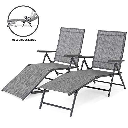 Best Choice Products Set of 2 Outdoor Adjustable Folding Steel Textiline Chaise Reclining Lounge Chairs w/ 4 Back & 2 Leg Positions, Gray