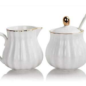 Sweejar Royal Ceramic Sugar and Creamer Set, 3 Piece Set with Cream Pitcher, Sugar Bowl, Sugar Set with Lid & Spoon, Coffee Serving Set Wedding Gift(White)