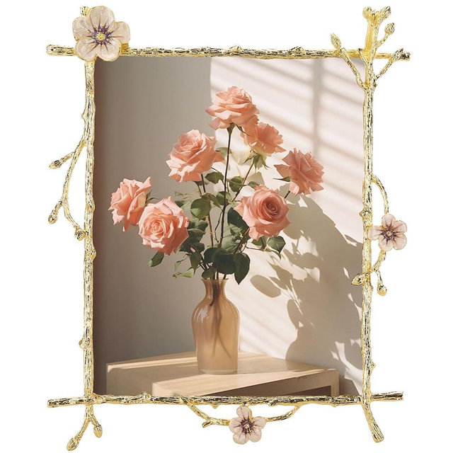 Goutangen 8x10 Gold Pink Flowers Picture Frame Art Decor Ornate Floral Metal Photo Frames High Definition Glass Front Tabletop Display, Gifts Ideas for Women on Weeding