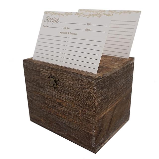 Table Matters Farmhouse Recipe Box with Cards and Dividers with Tabs (4x6 Inches) - Comes with 50 4x6 Recipe Cards and 12 Dividers - Wooden Recipe Box With Dual Slots