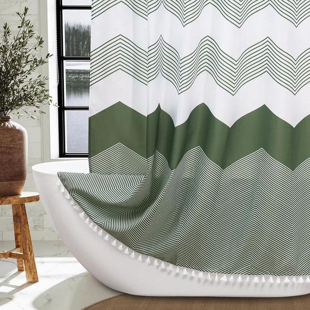 Boho Sage Green Shower Curtain for Bathroom 72x72, Modern Rustic Farmhouse with Tassels, Chevron Striped Design, Green and White
