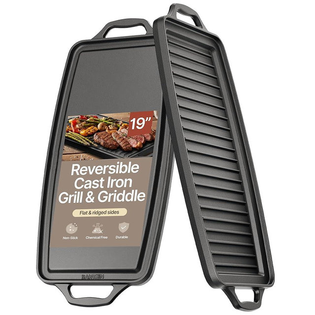 Bakken 19” Reversible Cast Iron Griddle, Flat & Grill Side, Dual Burner Cooking Plate for Pancakes, Meats & Veggies, Pre-Seasoned, Nonstick, Oven & Campfire Safe, Heavy-Duty Griddle Top with Mitt