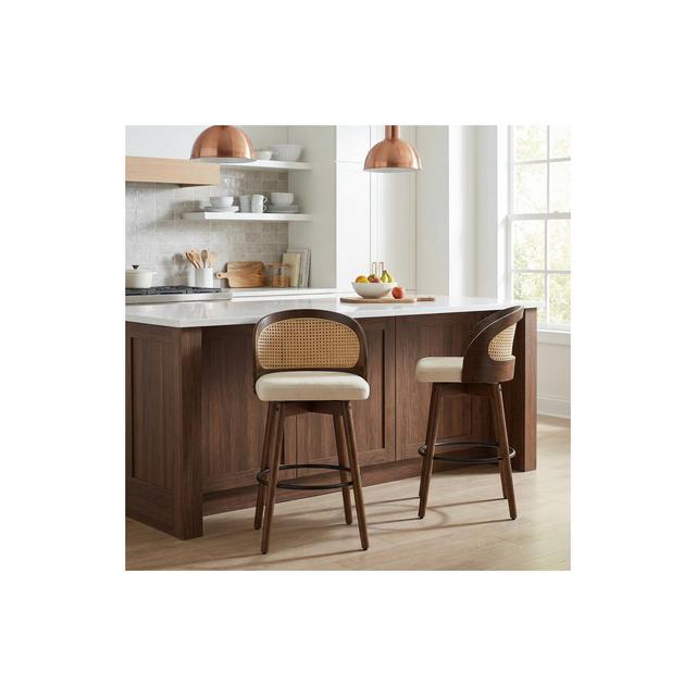 Set of 2 360° Swivel Rubberwood Barstools Counter Stools, PU Cushioned Seat with Rattan Backrest, Beige+Walnut - ModernLuxe