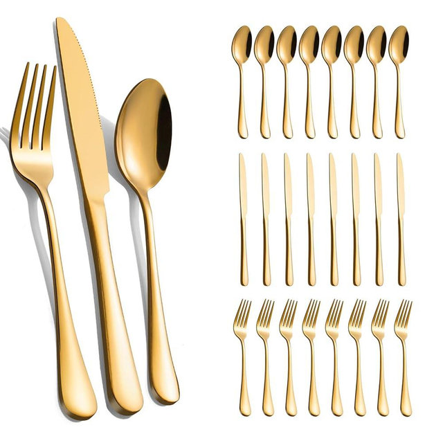 24-Piece Gold Silverware Set for 8 - Stainless Steel Flatware Cutlery Set, Mirror Polished Gold Flatware Set Include Forks Spoons Knives for Home Wedding Restaurant, Dishwasher Safe, 24 PCS