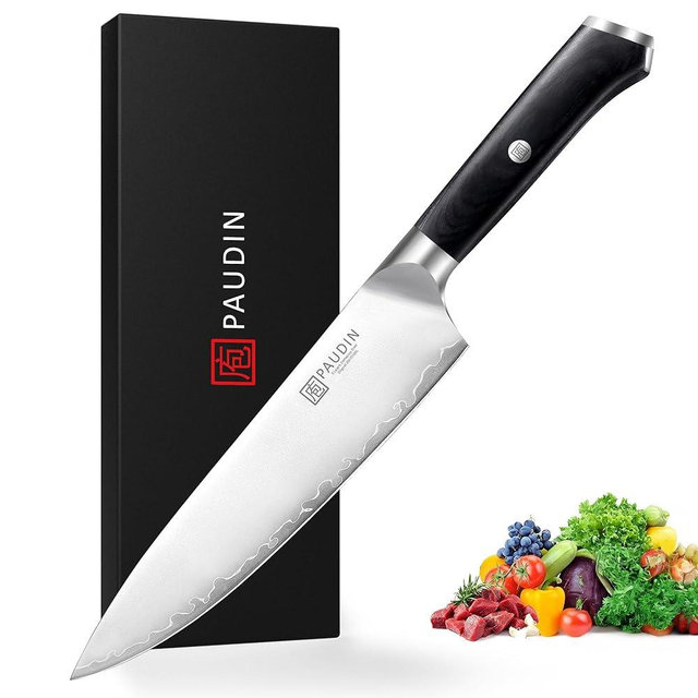 PAUDIN Chef Knife, 8 Inch High Carbon Steel Kitchen Knife, Professional Chefs Knife with Ergonomic Wooden Handle, Ultra Sharp Knife for Meat Vegetable Cutting