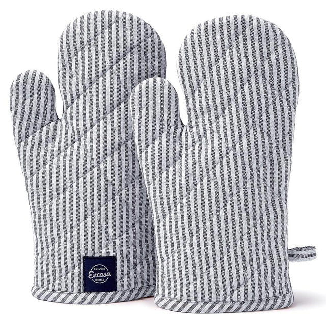 Encasa Homes Long 12"x7" Oven Microwave Hand Gloves Mitts (2 pc Set) for Kitchen Cooking & Baking - Heat Resistant, Thick & Safe, Protection of Hands from Hot Utensils - Ticking Navy Blue