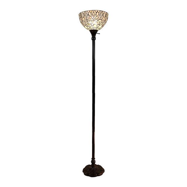 Amora Lighting Tiffany Style Floor Lamp Torchiere Standing Vintage Antique 72" Tall Stained Glass White Mahogany Traditional Peacock Light Decor Bedroom Living Room Reading Gift AM275FL12B