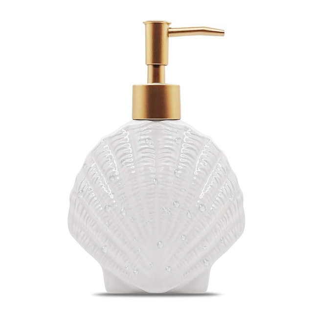 Shell-shaped Soap Dispenser White Ceramic Lotion Bottle with Golden Matte Pump Home Décor for Bathroom Kitchen