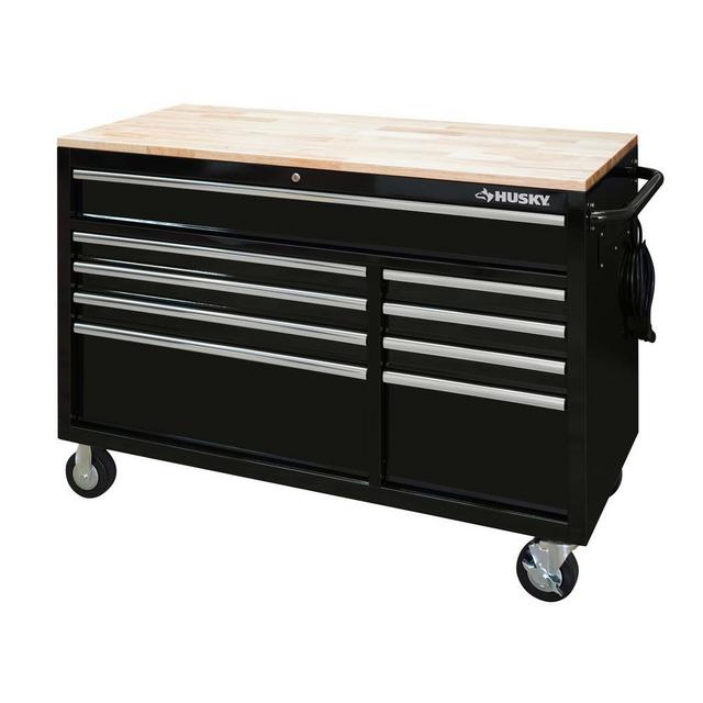 52 in. x 24.5 in. D 9-Drawer Mobile Workbench with Solid Wood Top, Black