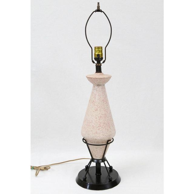 Mid Century Modern Atomic Rocket Pink Ceramic Black Metal Vintage Table Lamp