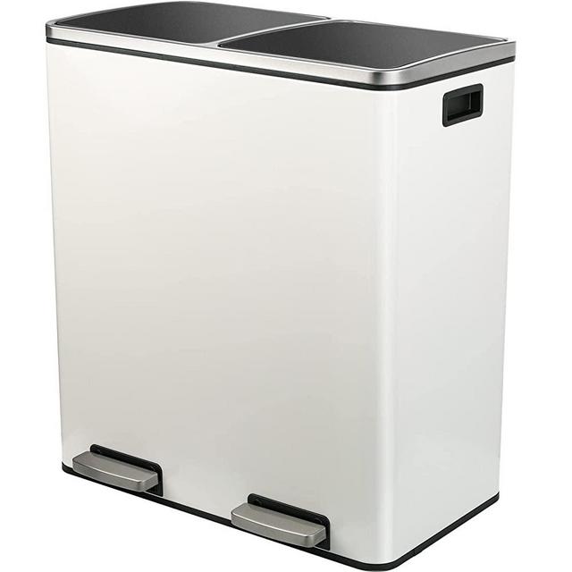 Increkid Dual Trash Can, 16 Gal Stainless Steel Rubbish Bin, Large Garbage Cans for Kitchen with Recycling Bin, Recycle Dustbin w/Removable Inner Buckets, Soft-close and Airtight Lid, Handles, 60L (White)