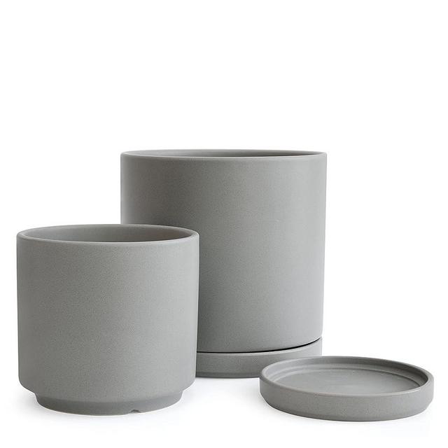 Large Plant Pots Set, 8 Inch & 10 Inch Ceramic Planter Pot for Plants with Drainage Hole and Saucer, Grey, 94-G-L-3