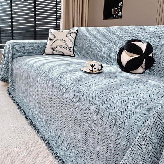Nobildonna Chenille Couch Cover for Sofa Cover Washable Pet Scratch Couch Covers Tassel Sofa Slipcover for 3 Cushion Couch,Furniture Protector Blanket for Living Room,Dusty Blue 91"x118"