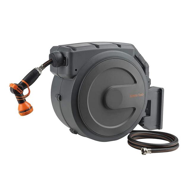 Giraffe Retractable Garden Hose Reel 1/2” x 130 ft, Super Heavy Duty, Any Length Lock, Slow Return System, Wall Mounted and 180°Swivel Bracket