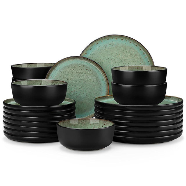 vancasso Plates and Bowls Sets, 24 Pieces Stoneware Dinnerware Sets for 8, Kitchen Dish Set Mircowave and Dishwasher Safe Ceramic Dishware, Turf Green, Series AMBER