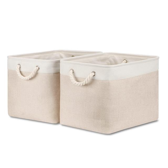 Bidtakay Beige Storage Basket Large Fabric Cloth Baskets [2-Pack] Tall Rectangular Shelf Baskets 16" X 11.8" X 11.8" Canvas Collapsible Storage Bins with Handles for Organizing Living Room(WhiteBeige)