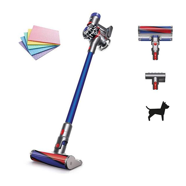 Dyson V7 Fluffy HEPA Cordless Vacuum Cleaner Combination/Crevic Tool 2 Power Modes 2 Tier Radial Cyclones No-Touch Dirt Emptying Docking Station Easily Reaches up High (Blue) + iCarp Sponge Cloths