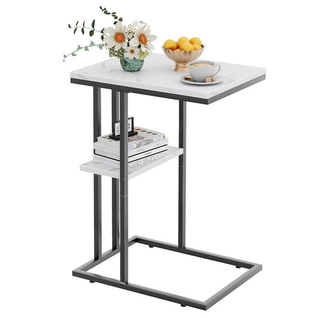 Katrawu C Shaped End Side Table, Couch Sofa Table for Small Space, Black Snack Table with Metal Frame, TV Tray Table for Bed, Living Room, Bedroom, Bedside(White Marble)