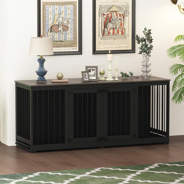 DAWNSPACES Large Funiture Style Dog Crate for 2 Dogs, 70" Wooden Dog Kennel Furniture with Removable Divider & 2 Trays, Indoor Heavy Duty Dog House w/Double Rooms for Large Medium Dogs, Black
