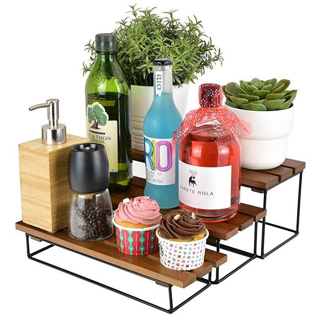 Hardware Haus 3-Tiered Wooden Walnut Cupcake Stand with Black Metal Base, Display Stand, Rectangle Tower Serving Stand for Parties, Weddings, Gatherings, Baby Showers, Events (12" Set)